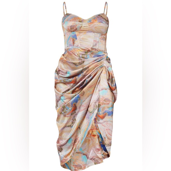 PRETTY LITTLE THING MARBLE PRINT SATIN RUCHED SKIRT CORSET DETAIL MIDI DRESS - Picture 14 of 14